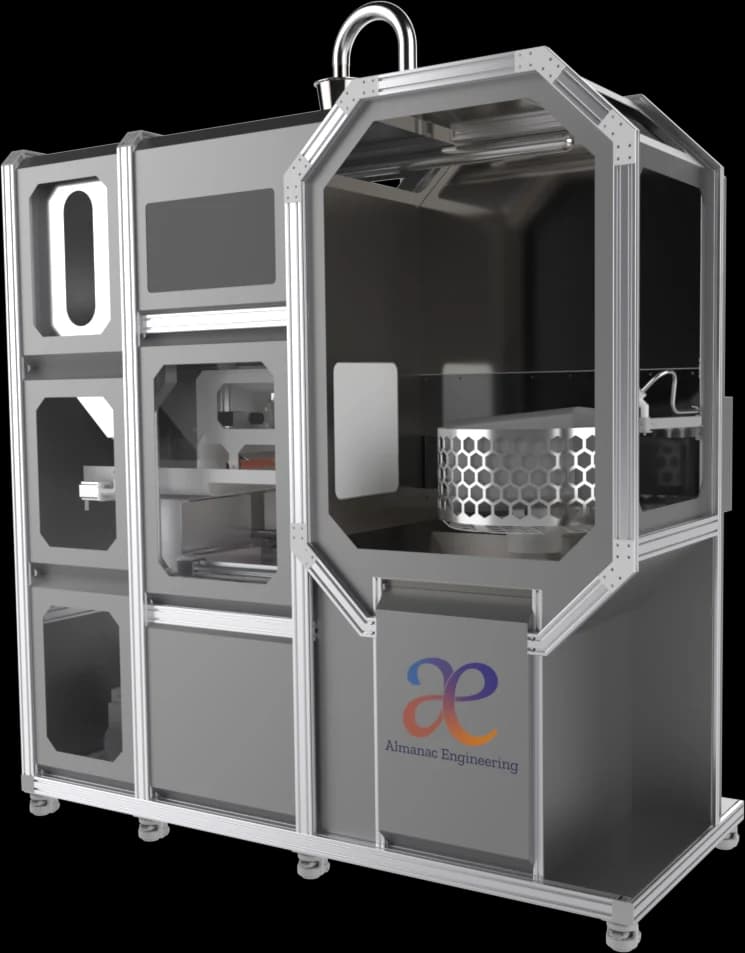 The Primateria production center, its build chamber open on a lattice-walled part.